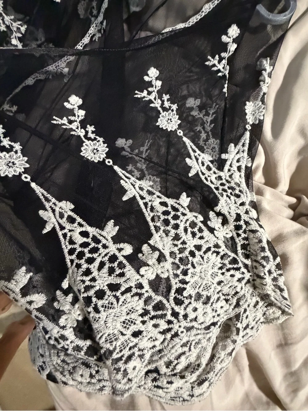 Sheer Black Lace Kimono Robe with Ivory Floral Embroidery